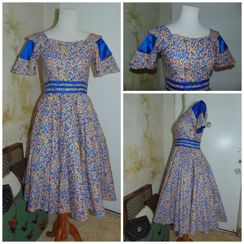 African Ladies Ethnic Dress Custom Fit & Flare 50s style Vibrant Dashiki Blue S